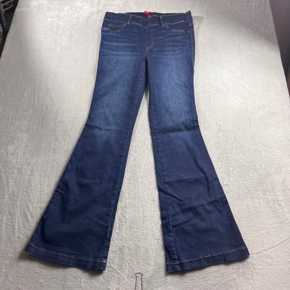Spanx Womens Flare Jeans Dark Wash Blue Pull On Stretch Denim Large 20327R